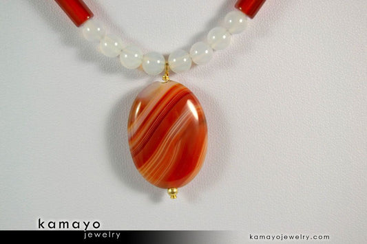 SARDONYX NECKLACE - Oval Red Sardonyx Pendant and White Onyx Beads