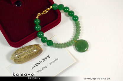 GREEN AVENTURINE BRACELET - Coin Pendant and Dark Green Beads