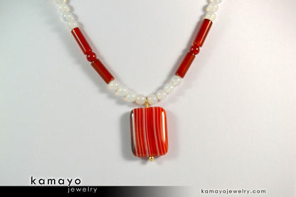 SARDONYX NECKLACE - Rectangle Sardonyx Pendant and White Onyx Beads