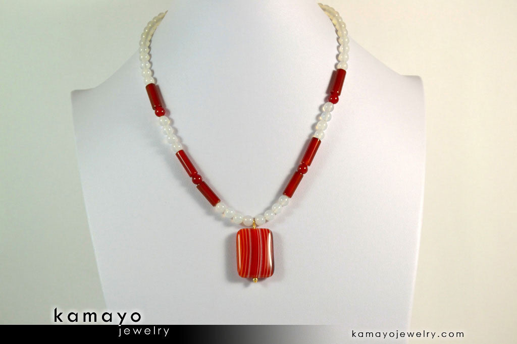 SARDONYX NECKLACE - Rectangle Sardonyx Pendant and White Onyx Beads