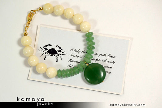 CANCER BRACELET - Green Aventurine Pendant and Moonstone Beads