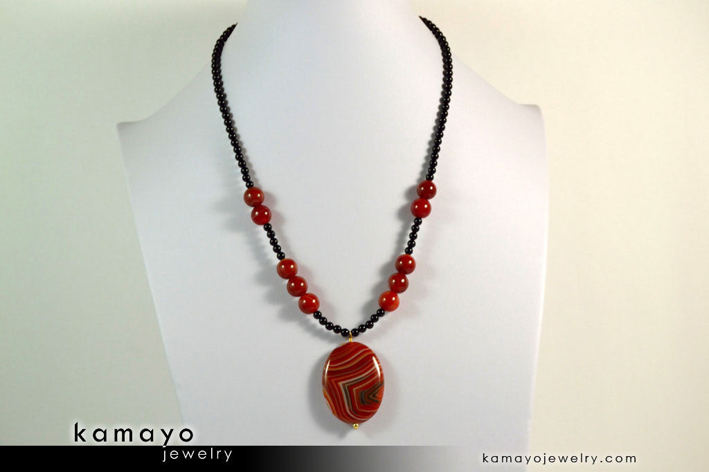 LEO NECKLACE - Large Oval Sardonyx Pendant and Black Onyx Beads