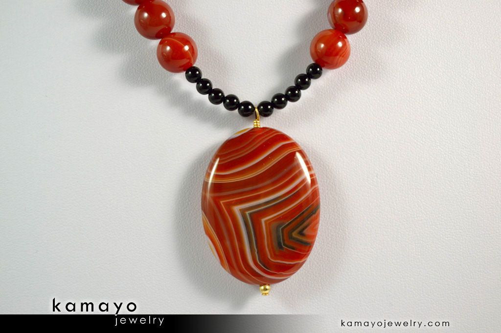 LEO NECKLACE - Large Oval Sardonyx Pendant and Black Onyx Beads