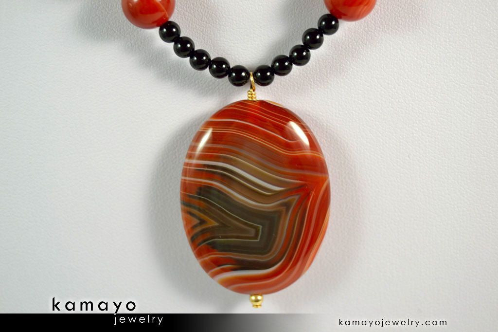 LEO NECKLACE - Large Oval Sardonyx Pendant and Black Onyx Beads