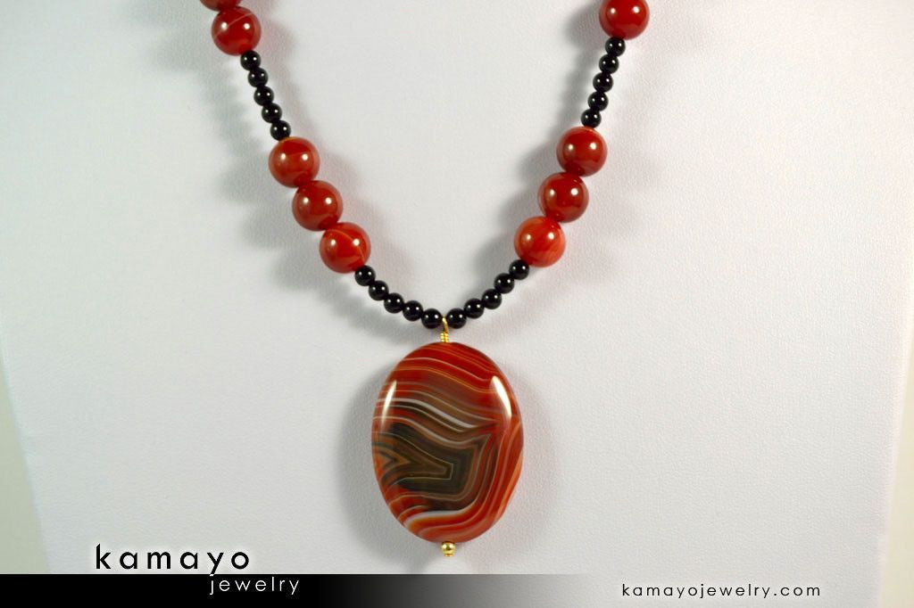 LEO NECKLACE - Large Oval Sardonyx Pendant and Black Onyx Beads