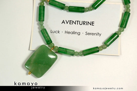 GREEN AVENTURINE NECKLACE - Rectangle Aventurine Pendant and Round Beads