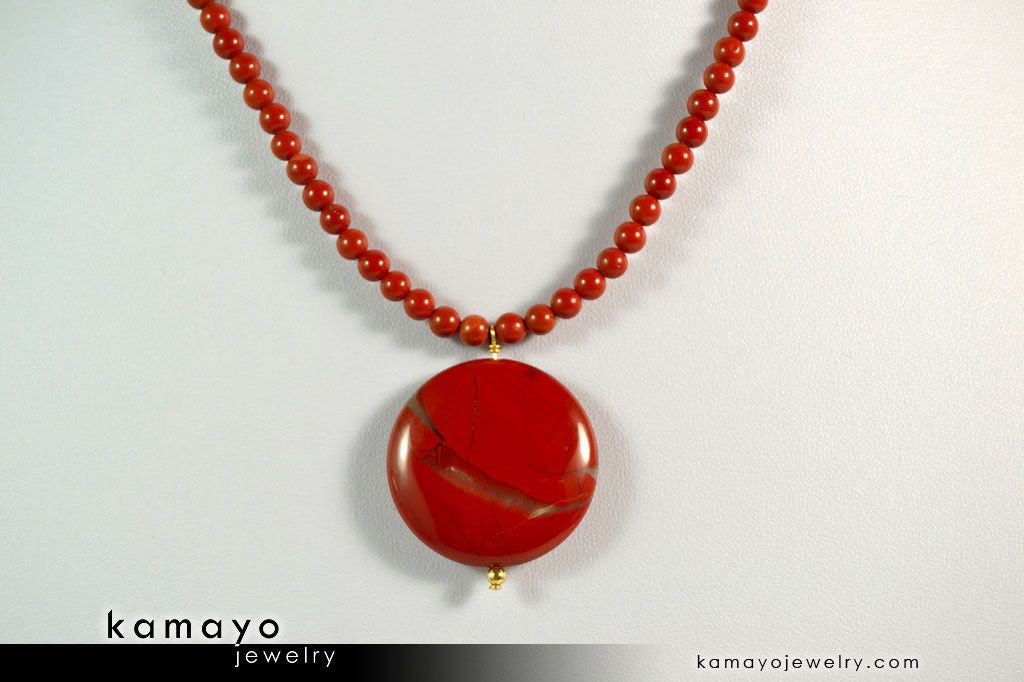 RED JASPER NECKLACE - Coin Red Jasper Pendant and Round Beads