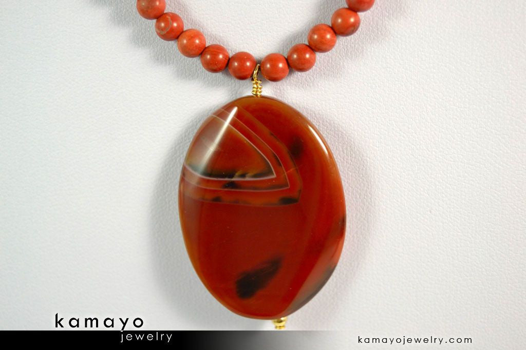 RED JASPER NECKLACE - Large Oval Red Jasper Pendant and Round Beads