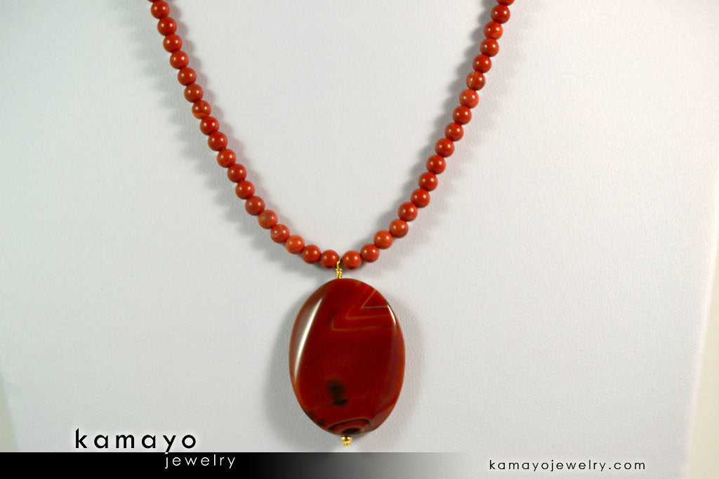 RED JASPER NECKLACE - Large Oval Red Jasper Pendant and Round Beads