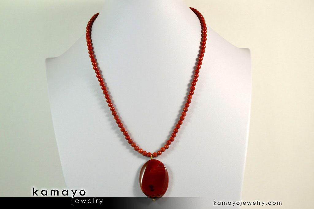 RED JASPER NECKLACE - Large Oval Red Jasper Pendant and Round Beads