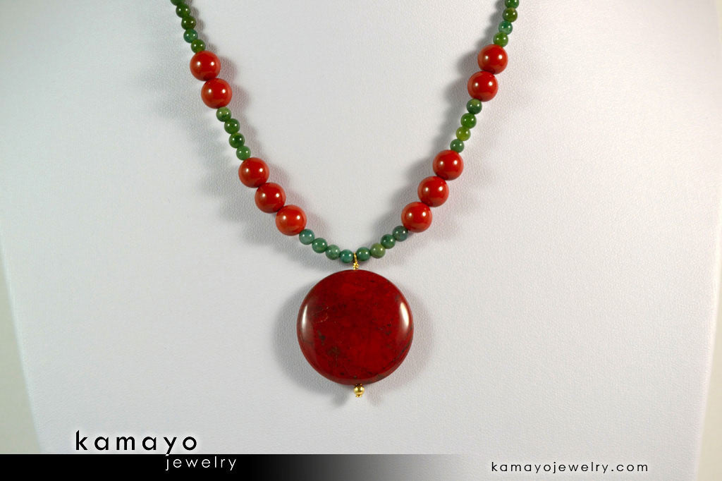 ARIES NECKLACE - Coin Red Jasper Pendant and Green Jasper Beads