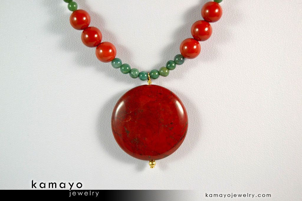 ARIES NECKLACE - Coin Red Jasper Pendant and Green Jasper Beads