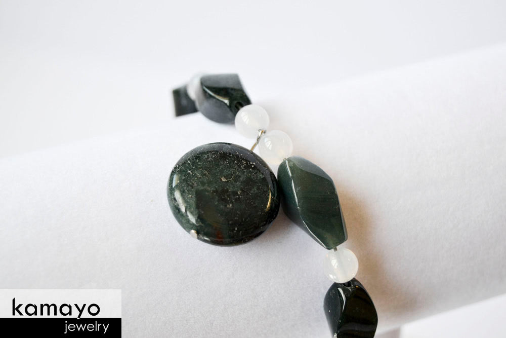 MOSS AGATE BRACELET - Natural Dark Green Pendant and White Chalcedony Accents