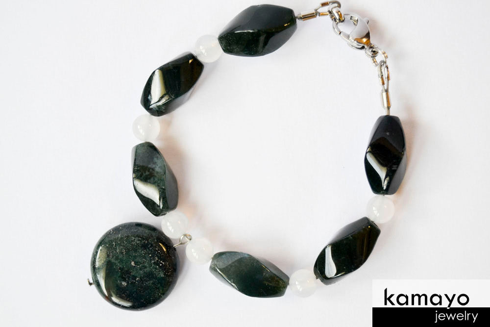 MOSS AGATE BRACELET - Natural Dark Green Pendant and White Chalcedony Accents