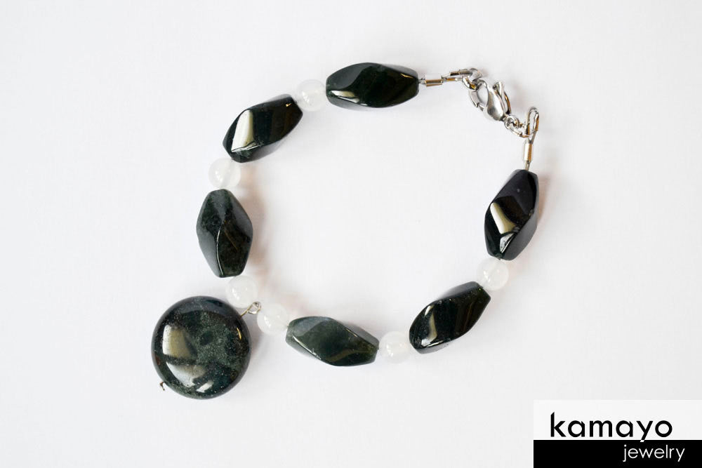 MOSS AGATE BRACELET - Natural Dark Green Pendant and White Chalcedony Accents