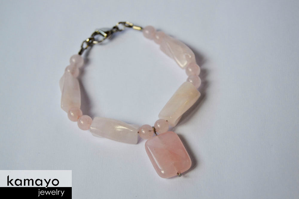 ROSE QUARTZ BRACELET - Natural Pink Pendant and Polished Genuine Beads
