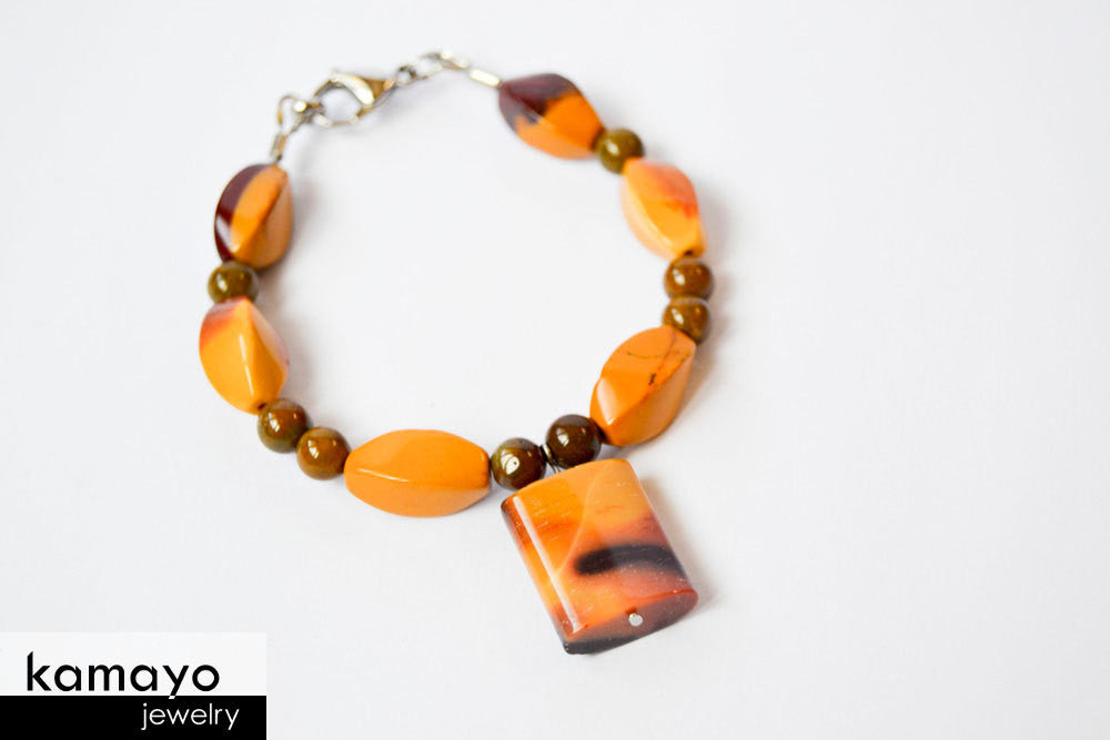 YELLOW JASPER BRACELET - Mookaite Jasper Pendant and Brown Ocean Jasper Beads