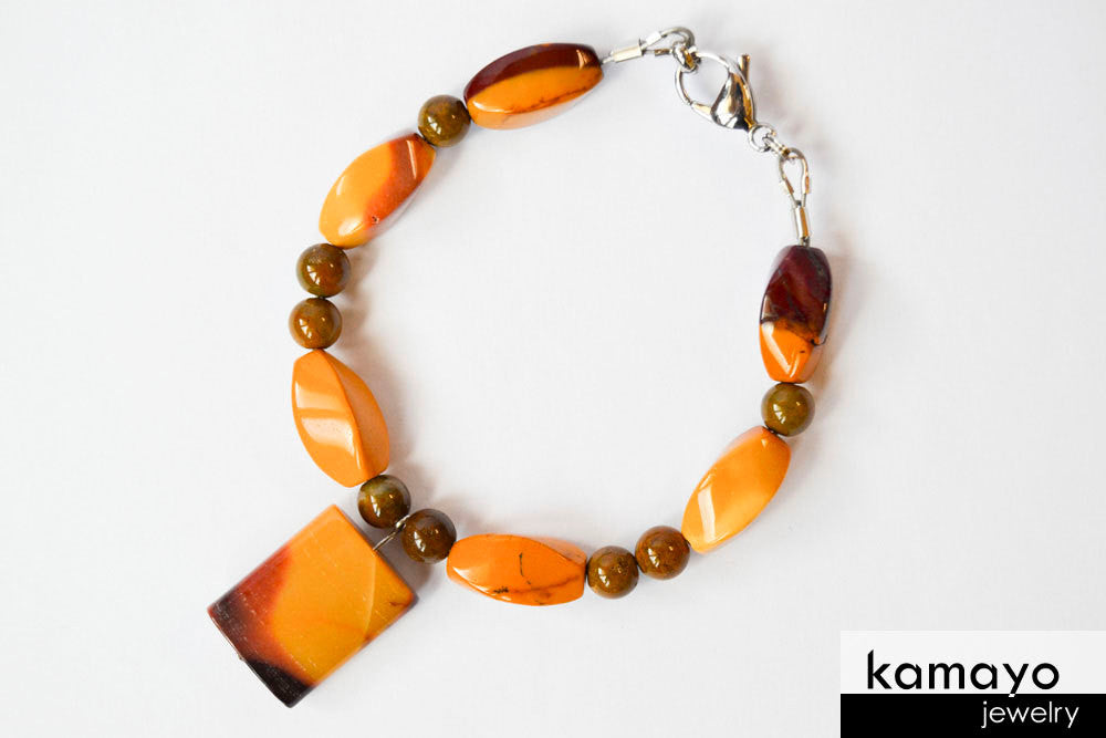 YELLOW JASPER BRACELET - Mookaite Jasper Pendant and Brown Ocean Jasper Beads