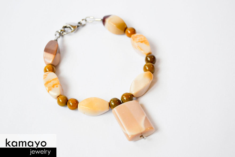 WHITE JASPER BRACELET - Mookaite Jasper Pendant and Brown Ocean Jasper Beads