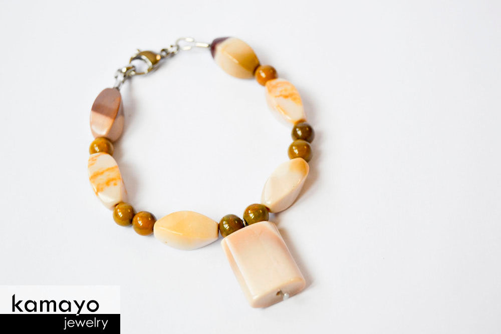 WHITE JASPER BRACELET - Mookaite Jasper Pendant and Brown Ocean Jasper Beads