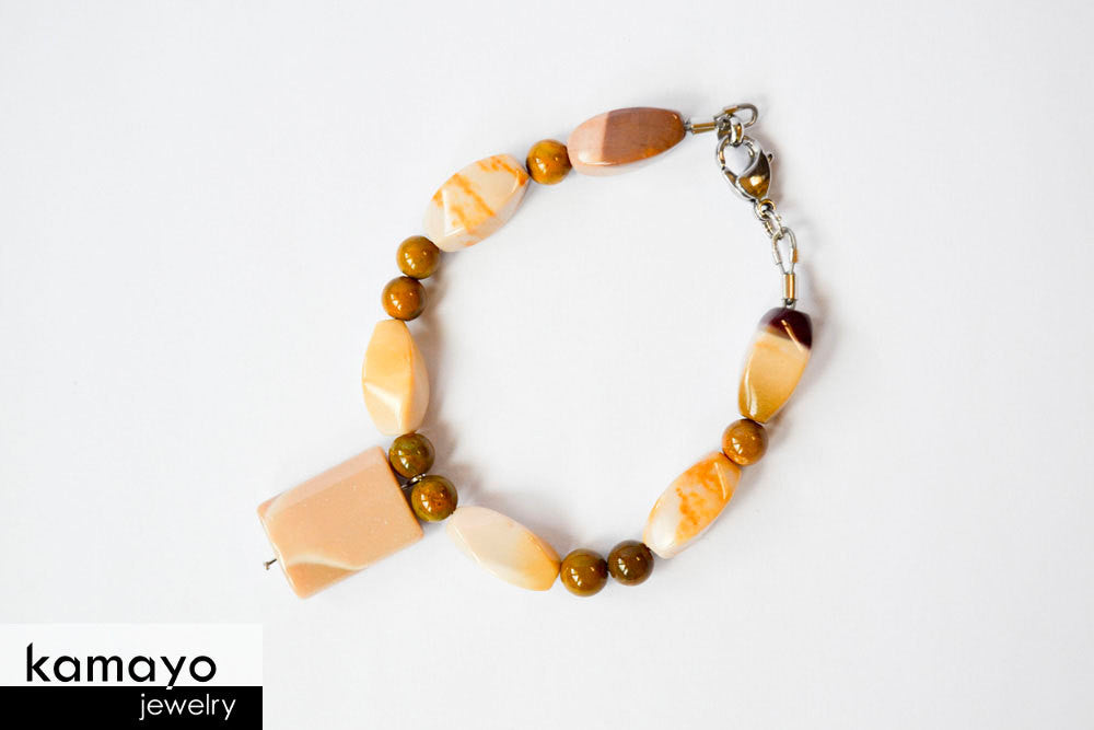 WHITE JASPER BRACELET - Mookaite Jasper Pendant and Brown Ocean Jasper Beads