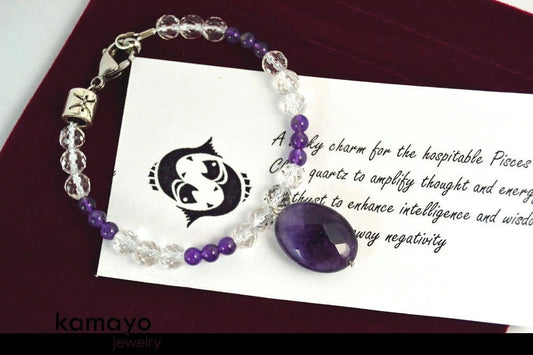 PISCES CHARM BRACELET - Purple Amethyst Pendant and Clear Quartz Beads