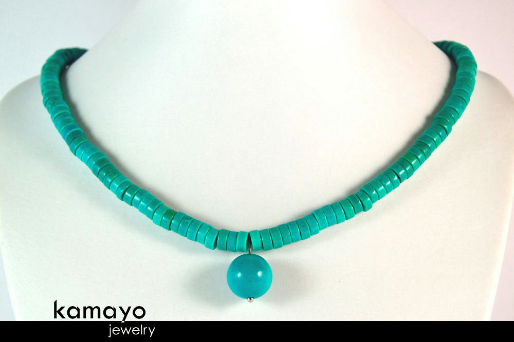 TURQUOISE NECKLACE - Womens' Beaded Choker - Round Pendant and Disc Stone Beads