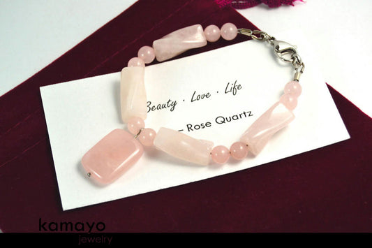 ROSE QUARTZ BRACELET - Natural Pink Pendant and Polished Genuine Beads