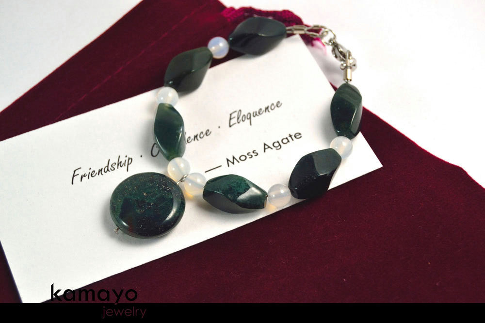 MOSS AGATE BRACELET - Natural Dark Green Pendant and White Chalcedony Accents