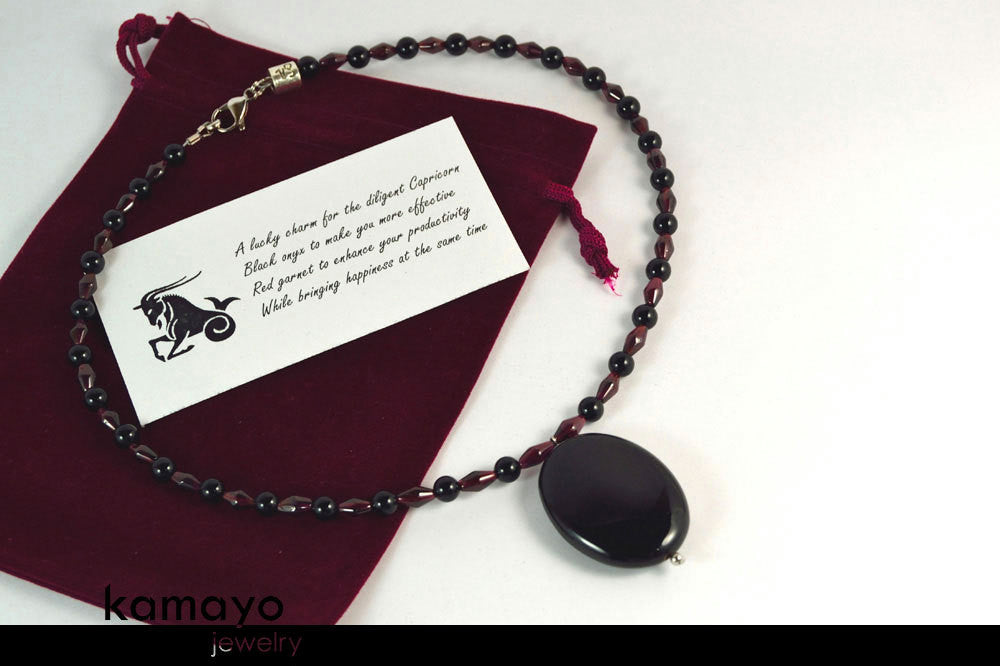 CAPRICORN NECKLACE - Black Onyx Pendant and Red Garnet Beads