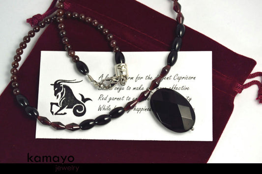 CAPRICORN CHARM NECKLACE - Faceted Black Onyx Pendant and Red Garnet Beads