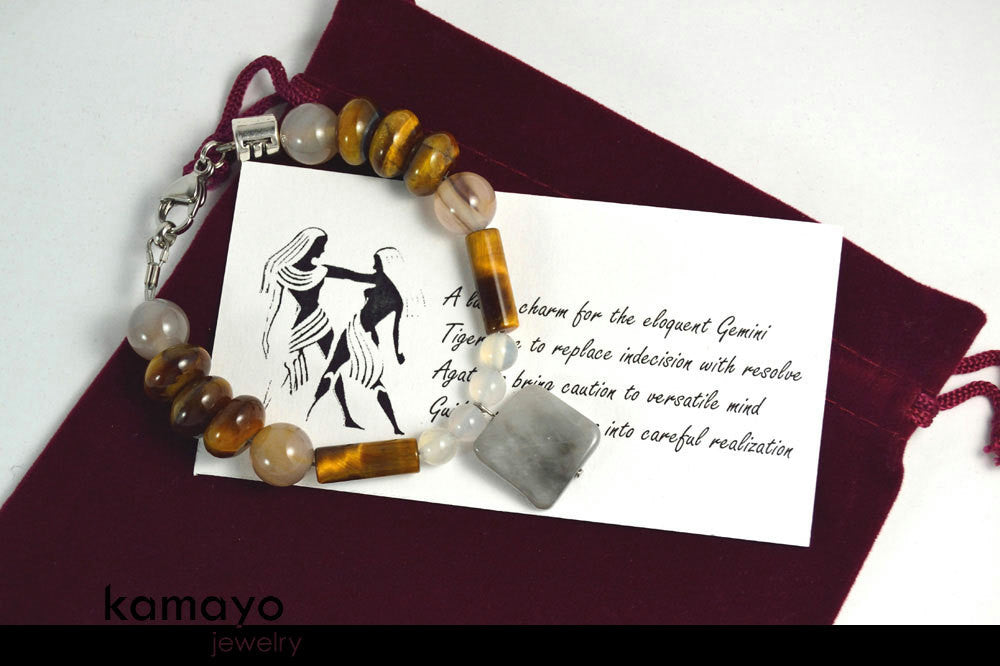 GEMINI BRACELET - Grey Agate Pendant and Tiger Eye Beads