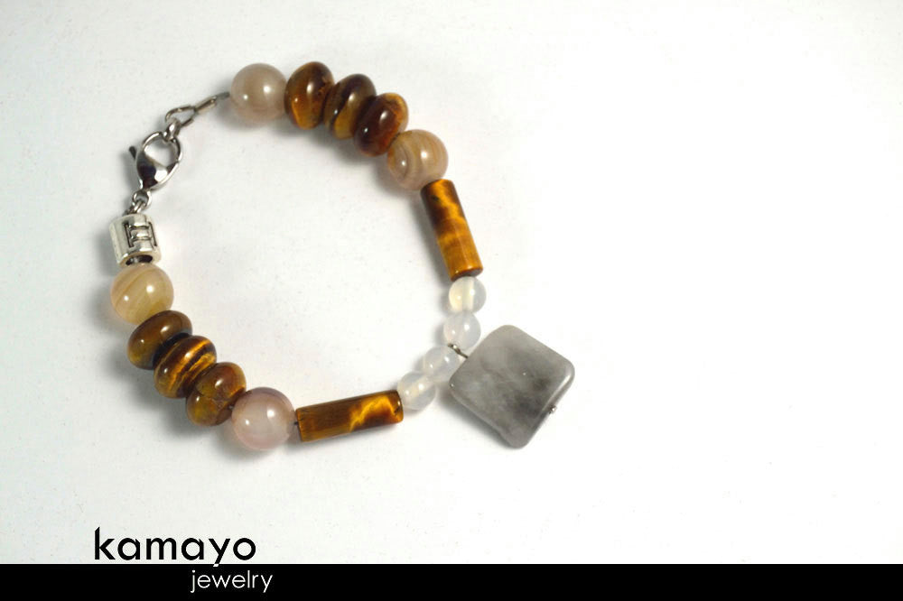 GEMINI BRACELET - Grey Agate Pendant and Tiger Eye Beads