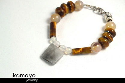 GEMINI BRACELET - Grey Agate Pendant and Tiger Eye Beads