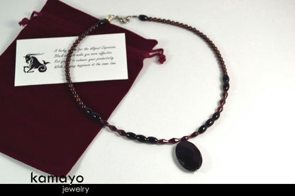 CAPRICORN CHARM NECKLACE - Faceted Black Onyx Pendant and Red Garnet Beads