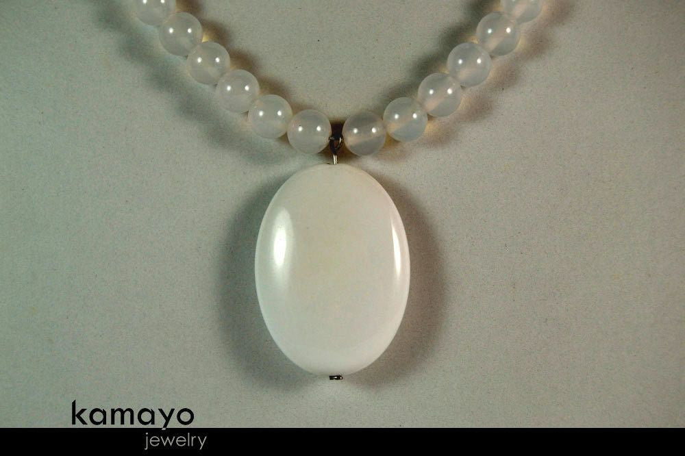 WHITE CHALCEDONY NECKLACE - Large Oval Pendant and Translucent Round Beads