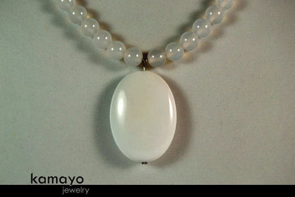 WHITE CHALCEDONY NECKLACE - Large Oval Pendant and Translucent Round Beads