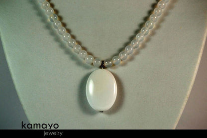 WHITE CHALCEDONY NECKLACE - Large Oval Pendant and Translucent Round Beads