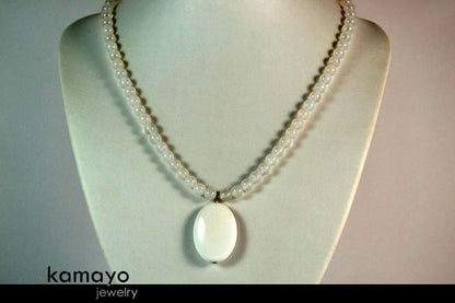 WHITE CHALCEDONY NECKLACE - Large Oval Pendant and Translucent Round Beads
