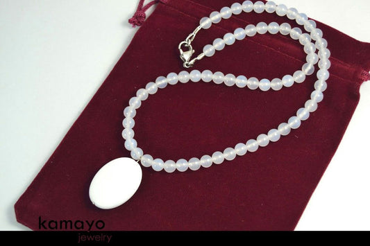 WHITE CHALCEDONY NECKLACE - Large Oval Pendant and Translucent Round Beads