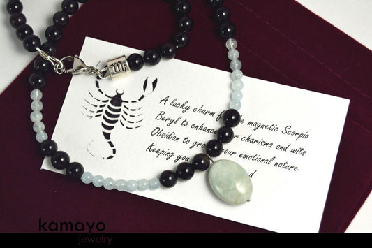 SCORPIO NECKLACE - Translucent Aquamarine Pendant and Black Obsidian Beads