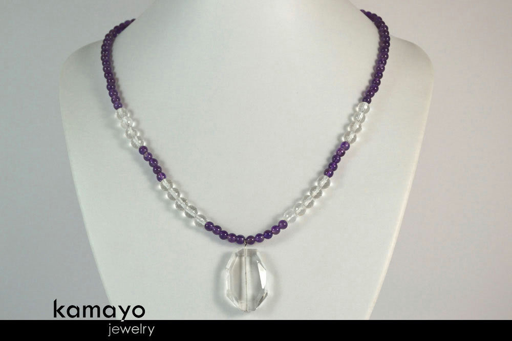 PISCES NECKLACE - Clear Quartz Pendant and Purple Amethyst Beads