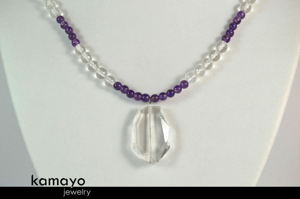 PISCES NECKLACE - Clear Quartz Pendant and Purple Amethyst Beads