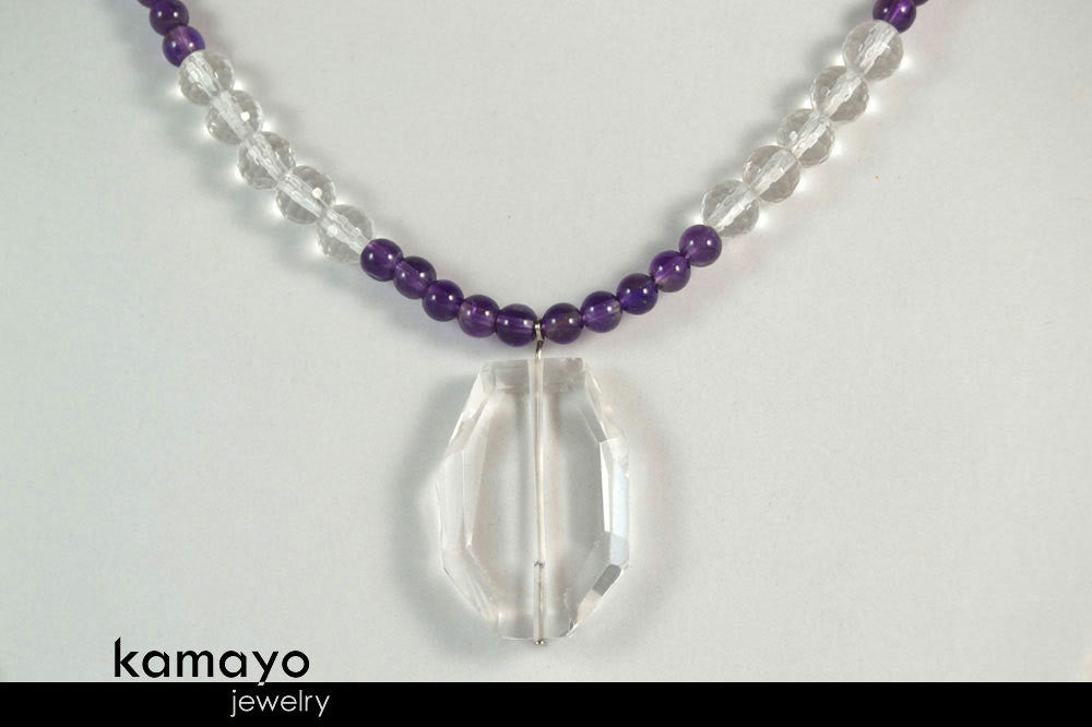 PISCES NECKLACE - Clear Quartz Pendant and Purple Amethyst Beads
