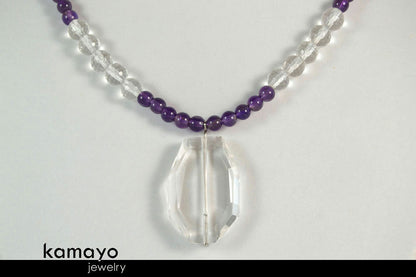 PISCES NECKLACE - Clear Quartz Pendant and Purple Amethyst Beads
