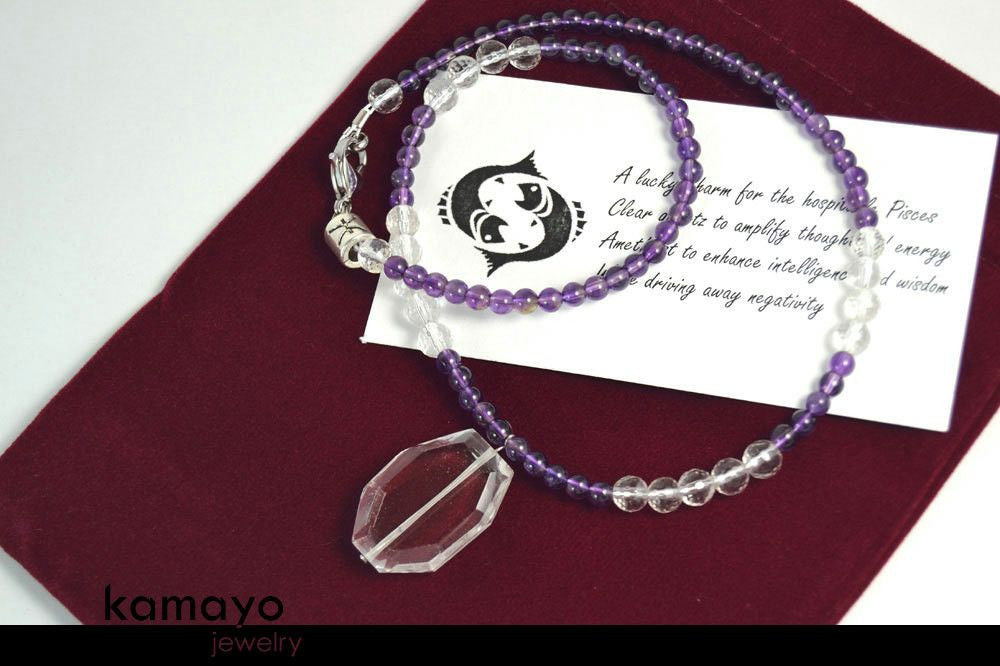 PISCES NECKLACE - Clear Quartz Pendant and Purple Amethyst Beads