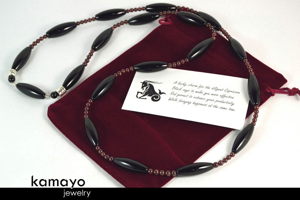 CAPRICORN LARIAT NECKLACE - Large Rice Black Onyx Beads and Red Garnet