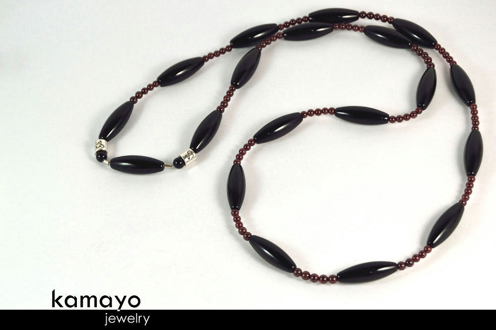 CAPRICORN LARIAT NECKLACE - Large Rice Black Onyx Beads and Red Garnet