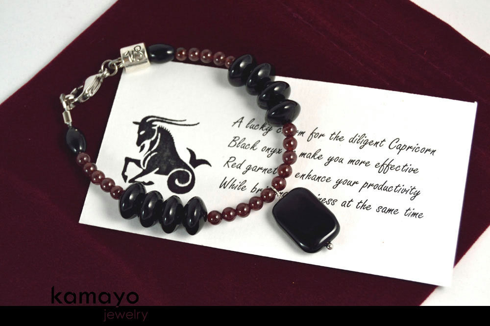 CAPRICORN BRACELET - Black Onyx Pendant and Red Garnet Beads