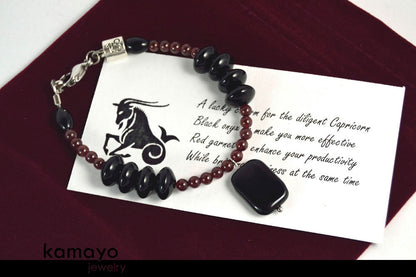 CAPRICORN BRACELET - Black Onyx Pendant and Red Garnet Beads